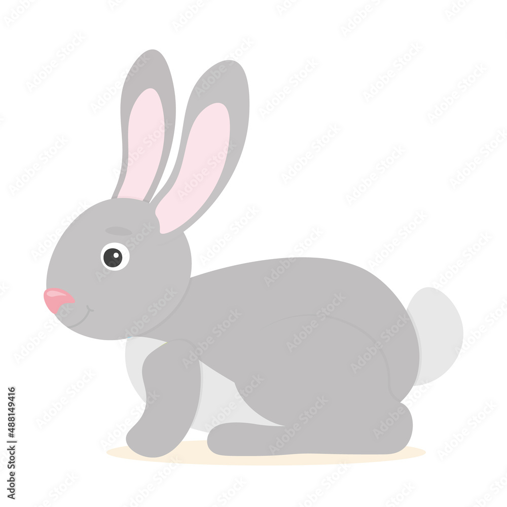 Fototapeta premium Cute little rabbit sitting on ground. Easter rabbit, design for greeting card. Religious Celebration. Domestic animal. Vector illustration in cartoon style. Gray and pink colors. White background.