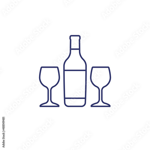 wine bottle and two glasses line icon