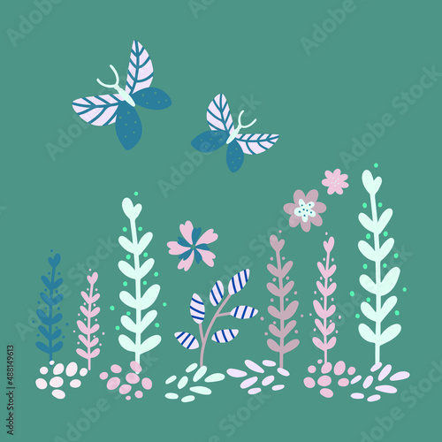 Flowers composition with butterflies on green background. Vector clipart. 