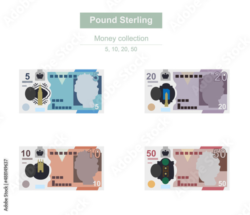 Pound Sterling Vector Illustration. United Kingdom, Guernsey, Isle of Man, Jersey money set bundle banknotes. Paper money 5, 10, 20, 50 GBP. Flat style. Isolated on white background. photo