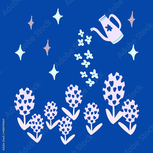 Flowers bouquet composition with stars and watering can on dark blue background. Vector clipart. 
