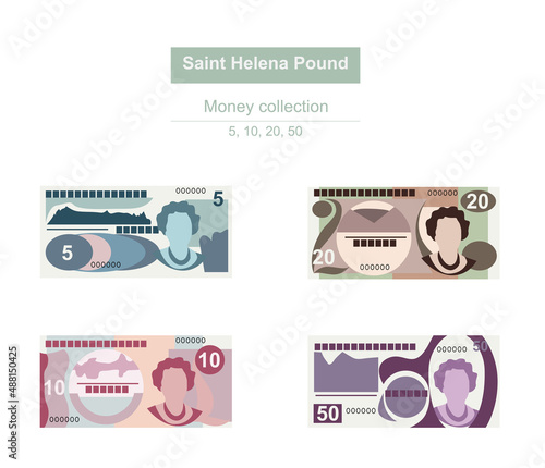 Saint Helena pound Vector Illustration. St Helena money set bundle banknotes. Paper money 5, 10, 20, 50 SHP. Flat style. Isolated on white background. Simple minimal design.