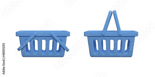 Set of blue shopping baskets isolated on white background. Icons. 3d rendering. 