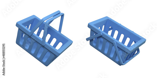 Set of blue shopping baskets isolated on white background. Icons. 3d rendering. 