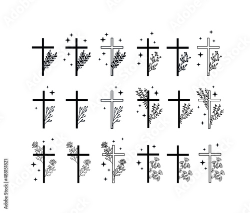 Floral Easter cross set. Cross with flowers and stars.