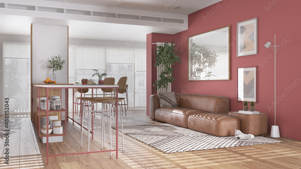 Fototapeta premium Contemporary red and wooden living and dining room in modern panoramic apartment. Island with stools, table with chairs, sofa, carpet and decors. Interior design concept