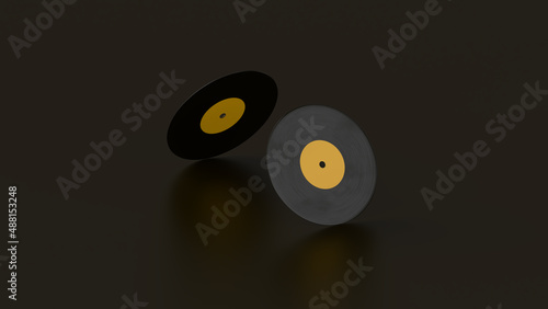 Vinyl records ride in circle on black background. 3D rendering.