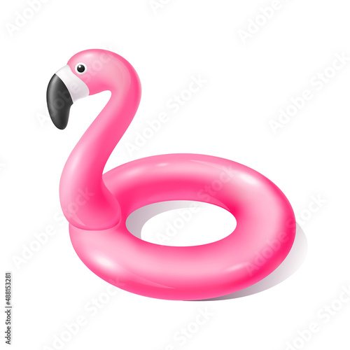 Realistic pink flamingo swim ring tube isolated on white background. Vector summer vacation holiday rubber toy for pool, sea, traveling. Desigm for poster, banner, backdrop