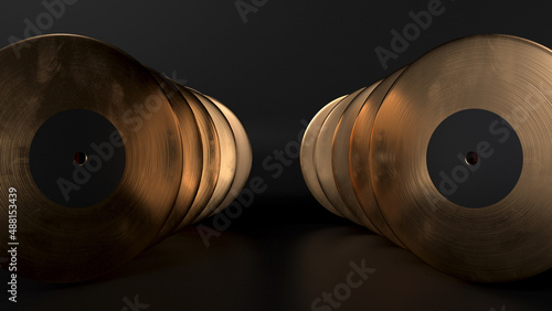 Golden vinyl records part before the viewer, 3d rendering
