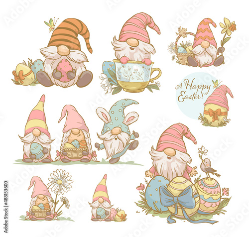 Collection of Easter designs with funny spring gnomes, easter eggs, bunny ears isolated. Vector hand drawn sketch vintage style illustration. For cards, invitations, prints, banners etc.