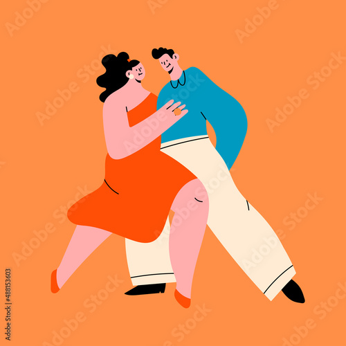 Happy Couple hugging and Dancing. Cartoon characters. Abstract people with small heads in dance movement. Dating, love, relationship, flirting, fun, passion concept. Hand drawn Vector illustration