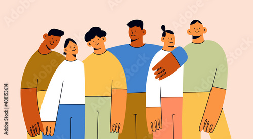 Group of abstract diverse people. Friends or coworkers are standing, hugging, posing together. Cartoon characters. Teamwork, togetherness, friendship concept. Hand drawn colorful Vector illustration