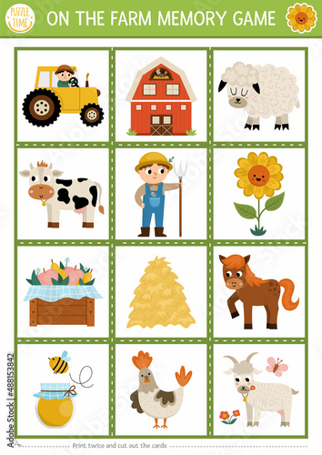 Vector on the farm memory game cards with cute traditional rural symbols. Farm garden matching activity. Remember and find correct card. Simple printable worksheet for kids.
