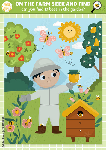 Vector farm searching game with rural village landscape and farmer. Spot hidden bees in the picture. Simple on the farm seek and find printable activity with beekeeper, beehive, honey.
