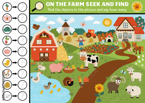 Vector farm searching game with rural countryside landscape. Spot hidden objects in the picture and say how many. Simple fantasy seek and find and counting educational printable activity for kids.