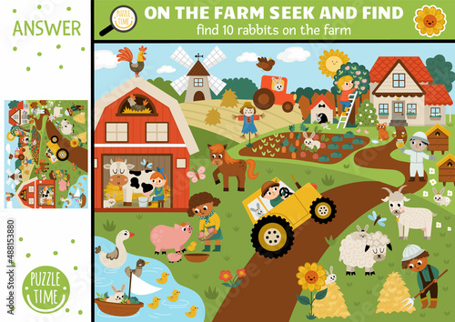Vector farm searching game with rural village landscape and farmers. Spot hidden rabbits in the picture. Simple on the farm or Easter seek and find educational printable activity for kids with bunny