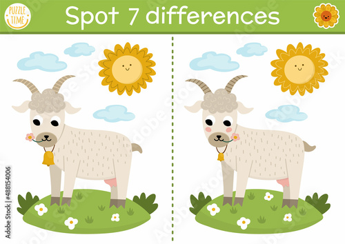 Find differences game for children. On the farm educational activity with cute goat on a meadow. Farm puzzle for kids with farm animal and rural landscape. Village printable worksheet or page.
