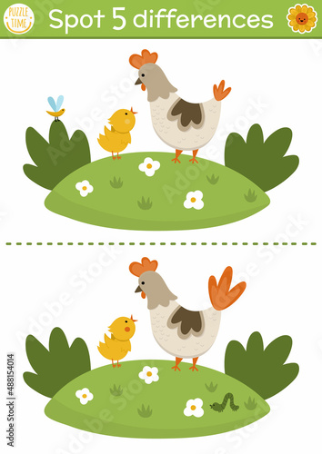 Find differences game for children. On the farm educational activity with cute hen and chicken. Farm puzzle for kids with farm birds and rural landscape. Village printable worksheet or page.