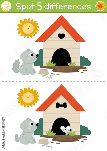 Find differences game for children. On the farm educational activity with cute dog and kennel. Farm puzzle for kids with farm animal, doghouse. Village printable worksheet or page with pet.