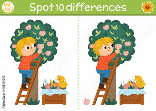 Find differences game for children. On the farm educational activity with cute farmer. Farm puzzle for kids with funny boy picking apples from the tree in the garden. Printable worksheet or page.