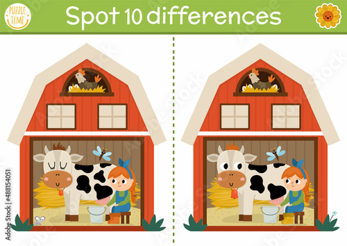 Find differences game for children. On the farm educational activity with cute barn house, girl milking cow. Farm puzzle for kids with rural farm shed. Village printable worksheet or page.