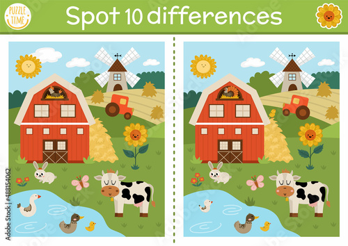 Fototapeta Naklejka Na Ścianę i Meble -  Find differences game for children. On the farm educational activity with cute barn house, rural landscape, tractor. Farm puzzle for kids with farm scene. Village printable worksheet.