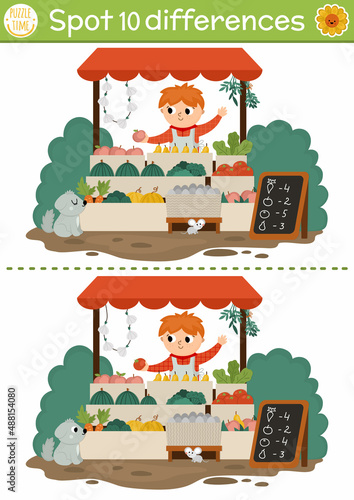Find differences game for children with boy selling fruit and vegetables on market stall. On the farm educational activity with cute vendor. Farm puzzle for kids. Printable worksheet or page.