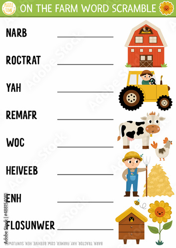 Vector on the farm word scramble activity page. English language game with barn, tractor, farmer for kids. Rural countryside family quiz with beehive, cow. Educational printable worksheet..