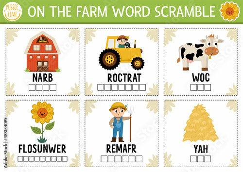 Vector on the farm word scramble activity page. English language game with barn, tractor, farmer for kids. Rural countryside family quiz with sunflower, cow. Educational printable worksheet..