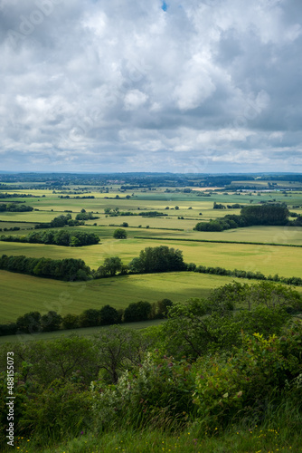 English landscape with green grass, fields and sky