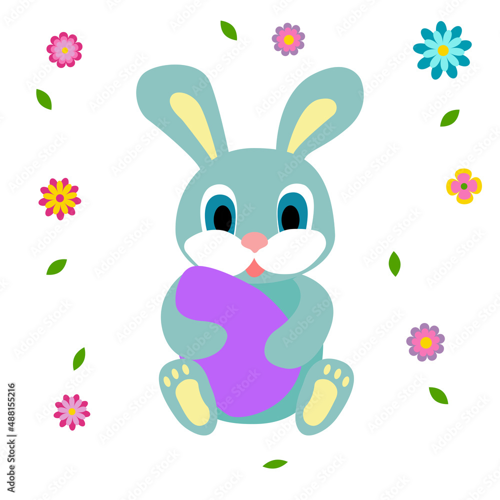 Vector illustration, card with blue Easter bunny, egg and flowers on a white background.
