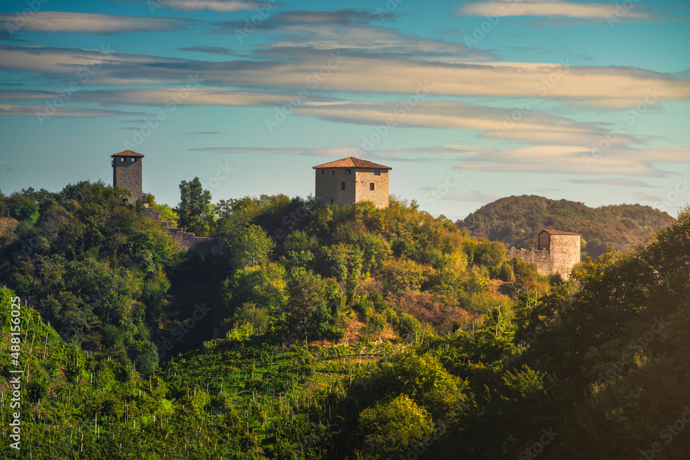 Prosecco Hills, vineyards, Credazzo Towers. Unesco Site. Veneto, Italy