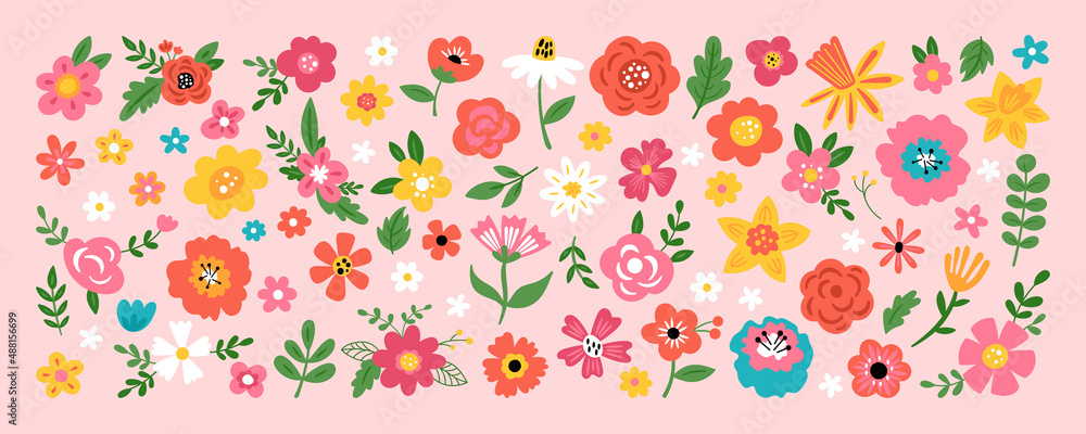 Cute flowers set for Easter holiday and spring season decoration. Childish print for cards, stickers, banner and invitations Cute flowers set for Easter holiday and spring season decoration. Childish print for cards, stickers, banner and invitations