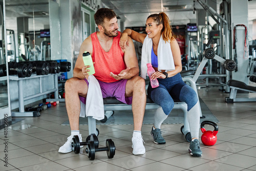gym sport fitness couple exercise relaxing resting training fit workout active healthy athlete