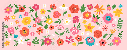 Cute flowers set for Easter holiday and spring season decoration. Childish print for cards, stickers, banner and invitations