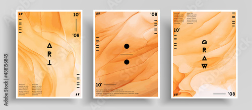 Abstract fluid art painting in alcohol ink technique. Flowing translucent paint warm hues. Background similar to the landscape of movement sands. Designed for wall art, postcard or poster, cover.