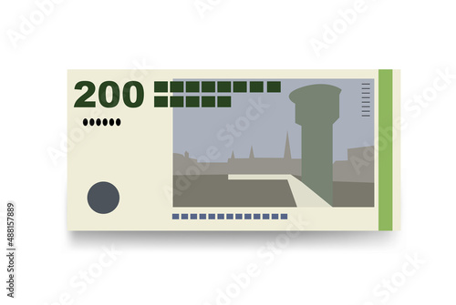Danish Krone Vector Illustration. Denmark, Greenland, Faroe Islands money set bundle banknotes. Paper money 200 Kr. Flat style. Isolated on white background. Simple minimal design.