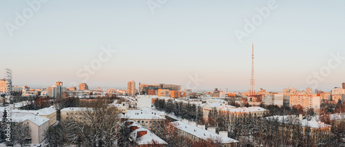 Nizhny Novgorod TV Tower. Residential neighborhoods of a Russian city. Residential areas with high-rise buildings in Nizhny Novgorod, Russia. Sunset cityscape 