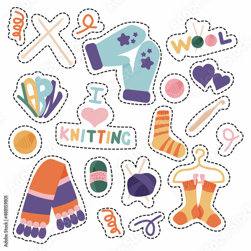 Collection of knitting stickers for web or print use. Concept of handmade workshop, knitting tutorial. Hand drawn wool, crochet, yarn, mittens and socks.  Vector illustration