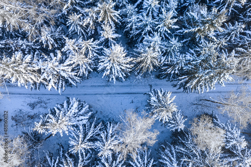 Road in snowy forest. Transportation in winter. Aerial view