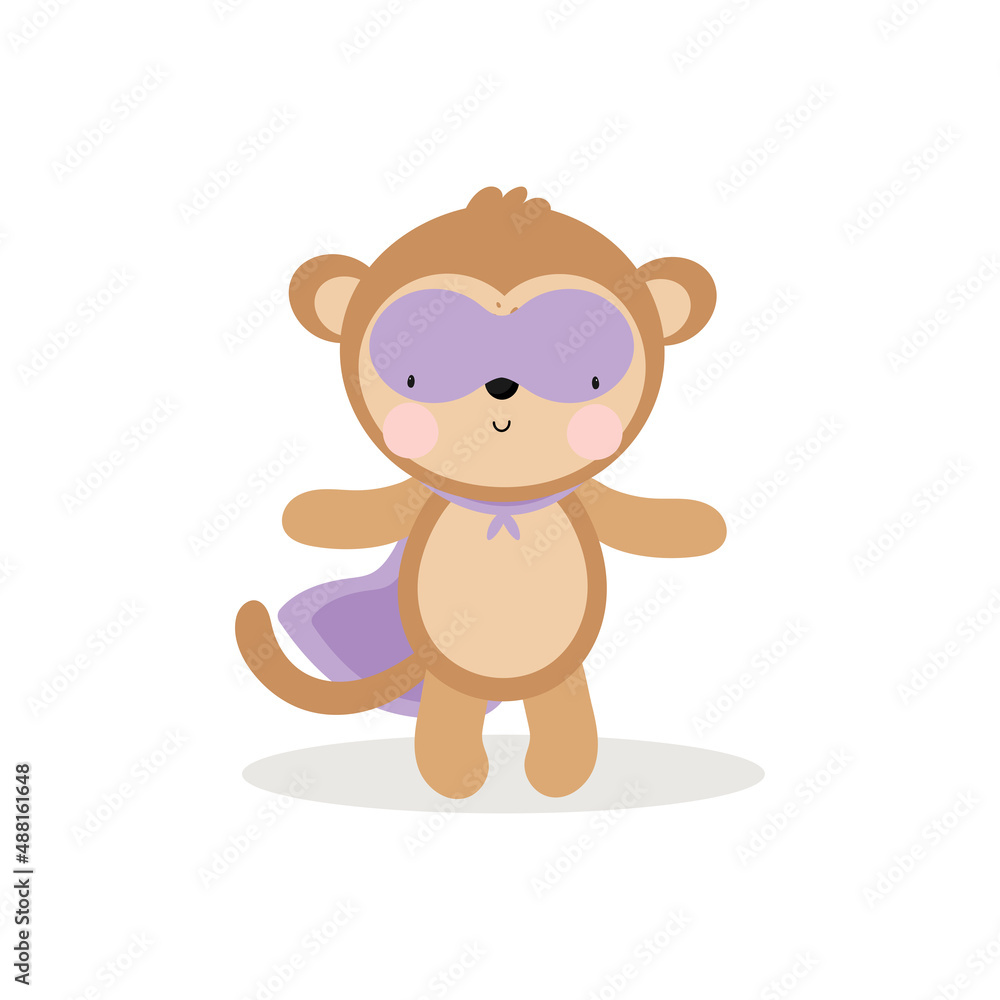 Cute Monkey Superhero. Cartoon style. Vector illustration in white background. For kids stuff, card, posters, banners, children books and print for clothes, t shirts. Cute Monkey Superhero. Cartoon style. Vector illustration in white background. For kids stuff, card, posters, banners, children books and print for clothes, t shirts.