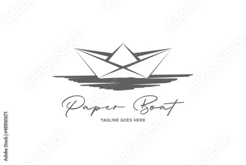 Retro Vintage Floating Paper Boat Logo Design Vector