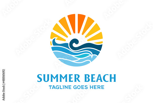 Summer Beach Coast Island Sea Ocean with Wave Logo Design Vector