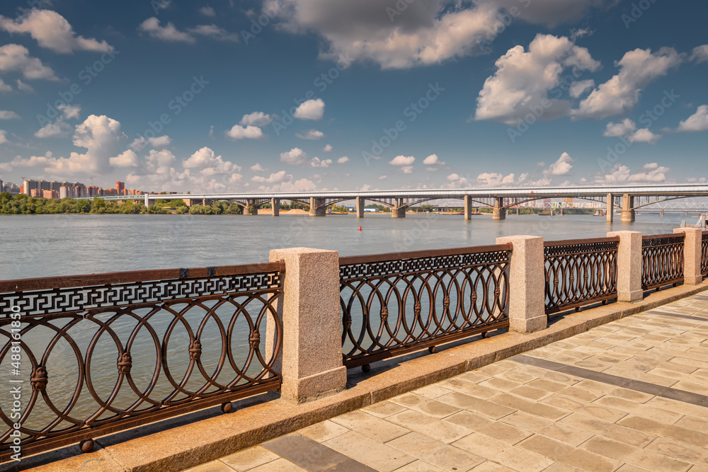 the embankment of the Ob River in the city of Novosibirsk in Russia. The concept of urban improvement the embankment of the Ob River in the city of Novosibirsk in Russia. The concept of urban improvement