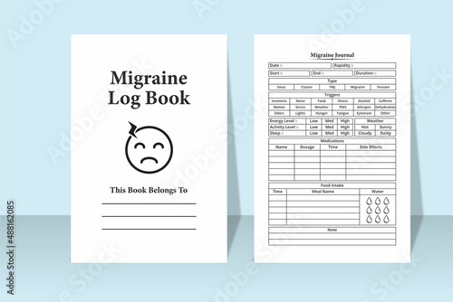 Migraine journal KDP interior. Migraine pain tracker and medication planner notebook template. KDP interior log book. Headache medication planner and migraine pain tracker logbook KDP interior. photo