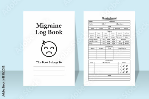 Migraine journal KDP interior. Migraine pain tracker and medication planner notebook template. KDP interior log book. Headache medication planner and migraine pain tracker logbook KDP interior.