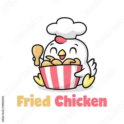 A CUTE CHICKEN IS WEARING 
A CHEF HAT AND BRINGING A BUCKET OF FRIED CHICKEN. PREMIUM CARTOON LOGO.
