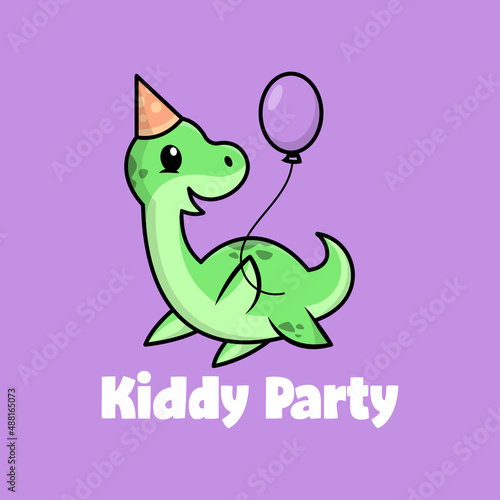 A CUTE GREEN PLESIOSAURUS IS WEARING A PARTY HAT AND BRINGING A BALOON. PREMIUM CARTOON LOGO.