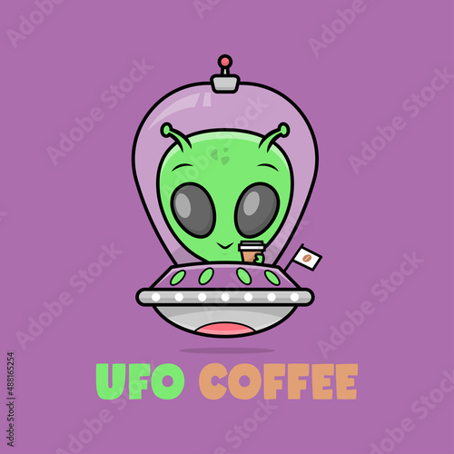 A CUTE ALIEN IS BRINGING A CUP OF COFFEE IN A UFO. PREMIUM CARTOON LOGO.