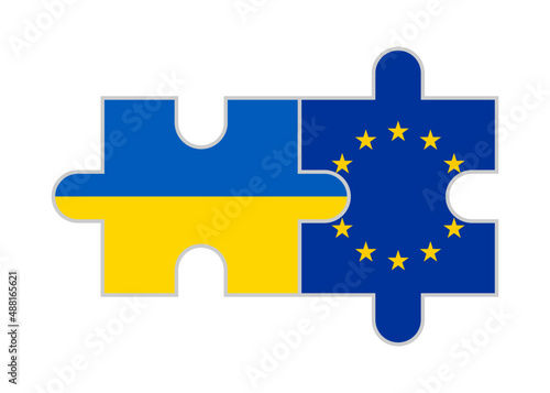 puzzle pieces of ukraine and european union flags. vector illustration isolated on white background